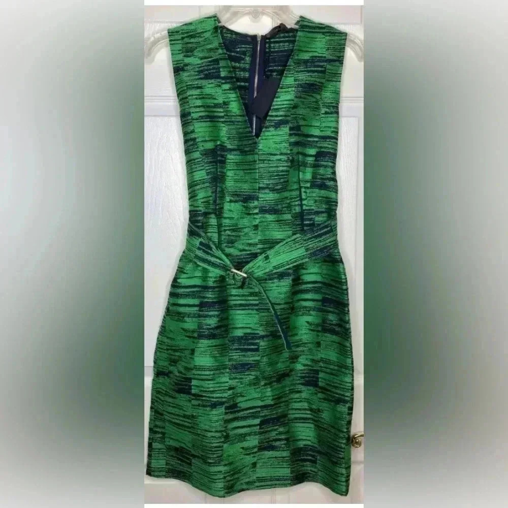 NEW NWT CALVIN KLEIN COLLECTION ITALY Green Blue V-Neck Sleeveless Dress Sz 2 38